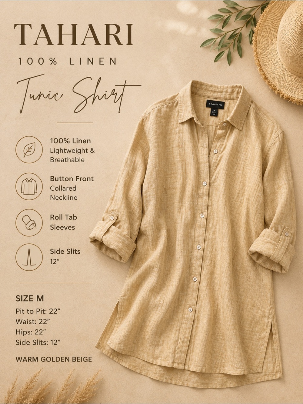 Tahari 100% Linen Tunic Shirt Dress Medium Golden Beige Button Front Side Slits